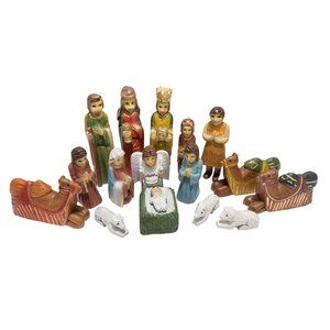 Wooden Nativity Set Hand Carved Painted Wood Vintage Philippines 16 Pieces